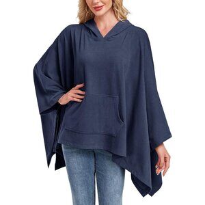 Women Hooded Poncho Cape Sweater Oversized Fleece Pockets Fall Winter